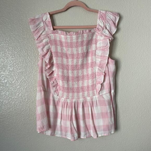 Old Navy Top Womens 2X Pink Gingham Ruffled Peplum Blouse Smocked Cottagecore - Picture 3 of 11